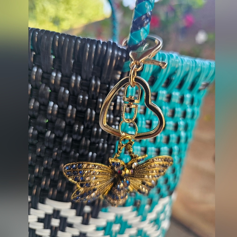 Gold Butterfly Keychain with Blue Accents